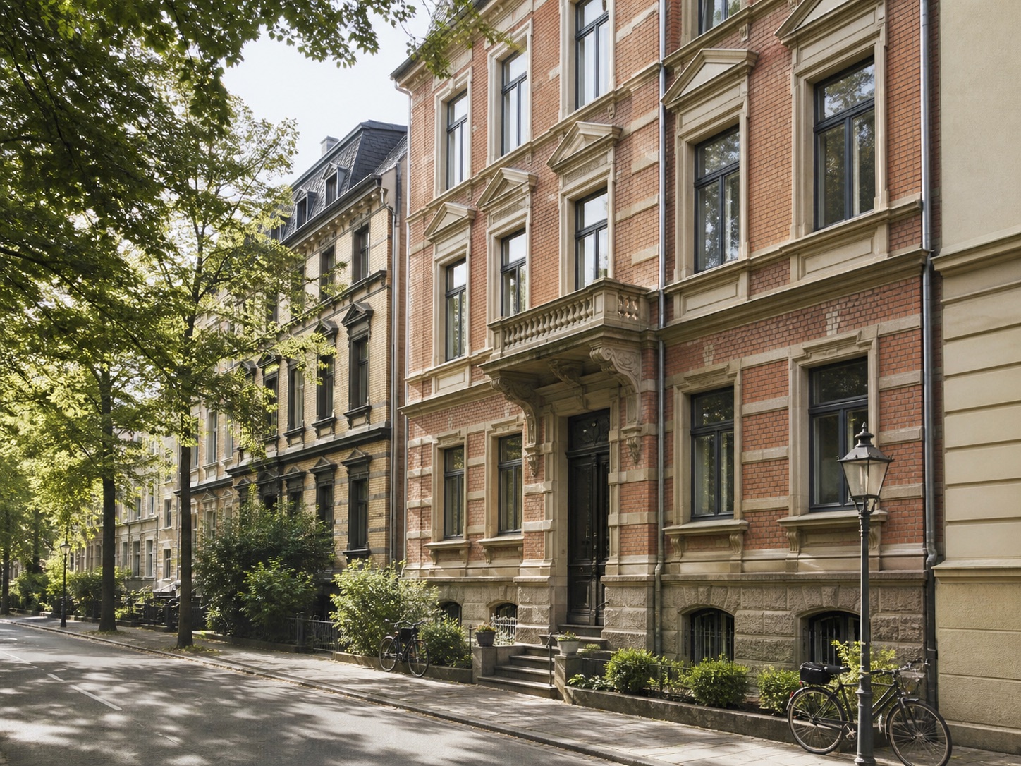 Sanierter deutscher Altbau in einer begrünten Stadtstraße